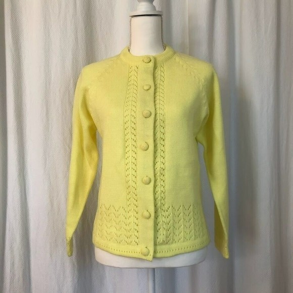 Vintage 80s Women's Medium Yellow Knit Cardigan Cottage Core Prairie Grannycore - Picture 1 of 6